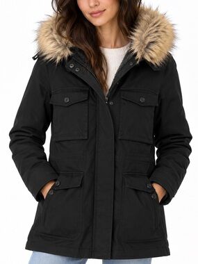 Sunday Best Black Faux Fur Trim Hooded Winter Parka Jacket M